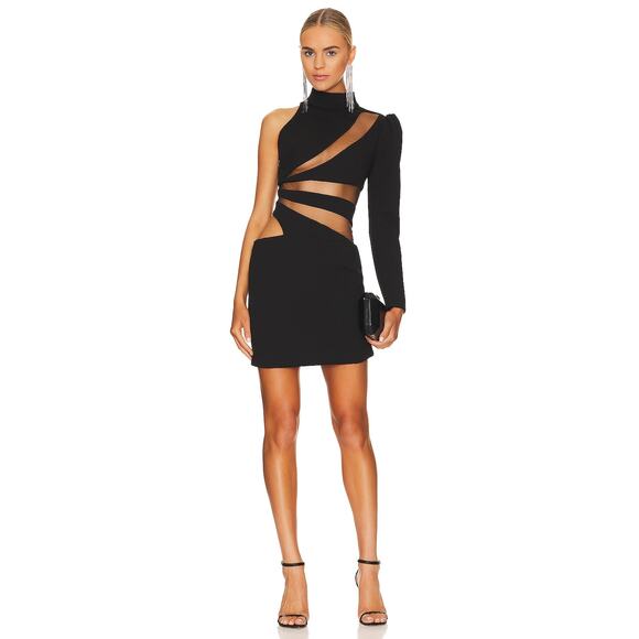 PatBO Spiral One Sleeve Mini Statement Dress Mock Neck Cut-Out Mesh Panel Size 4 - Picture 1 of 10